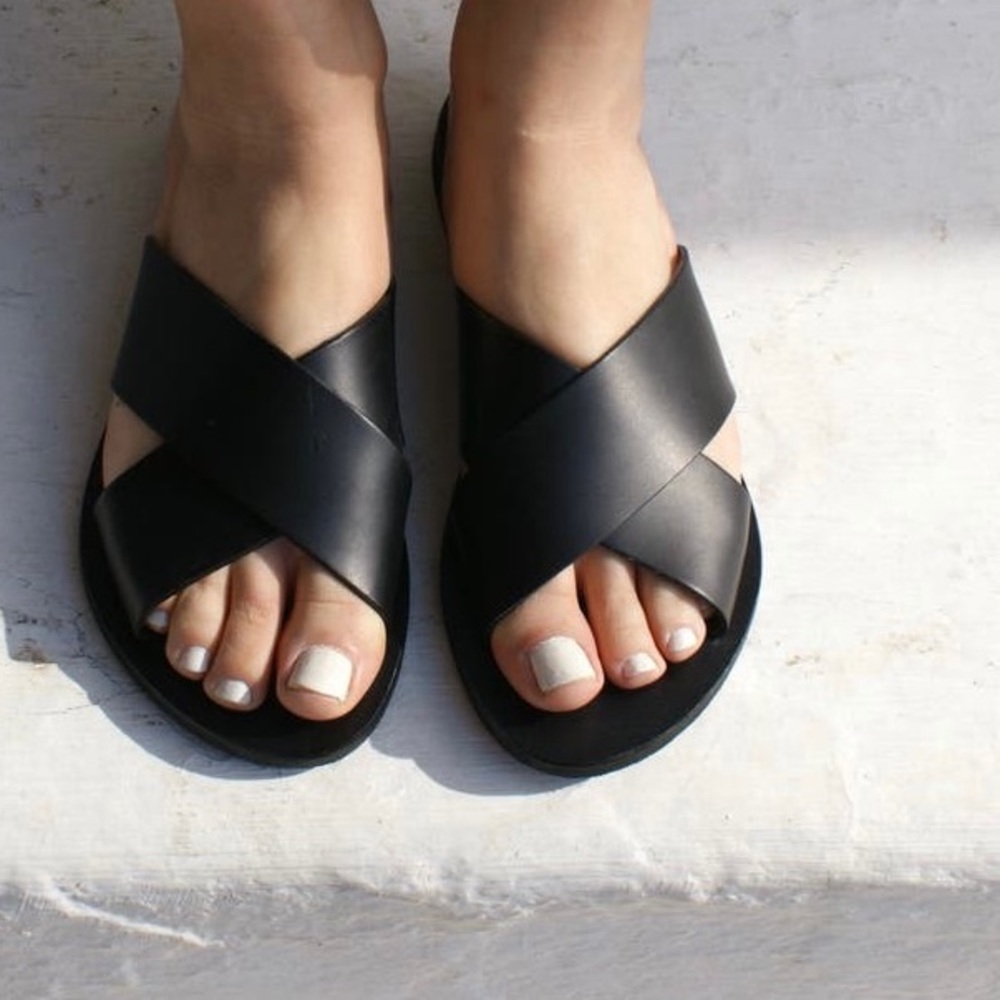 Greece black leather sandals